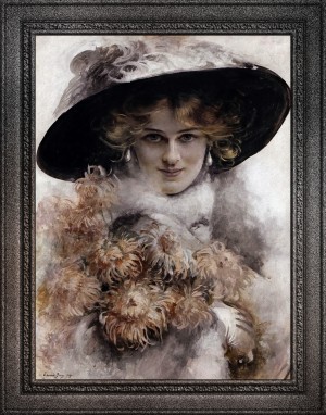 A Portrait Of A Lady In A Black Hat With A Bouquet Of Flowers In Her Arms by Edouard Bisson